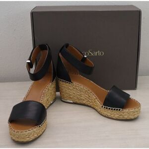 Franco Sarto WMN Sz 8M Black Leather Clemens Raffia Espadrille Wedge Sandals